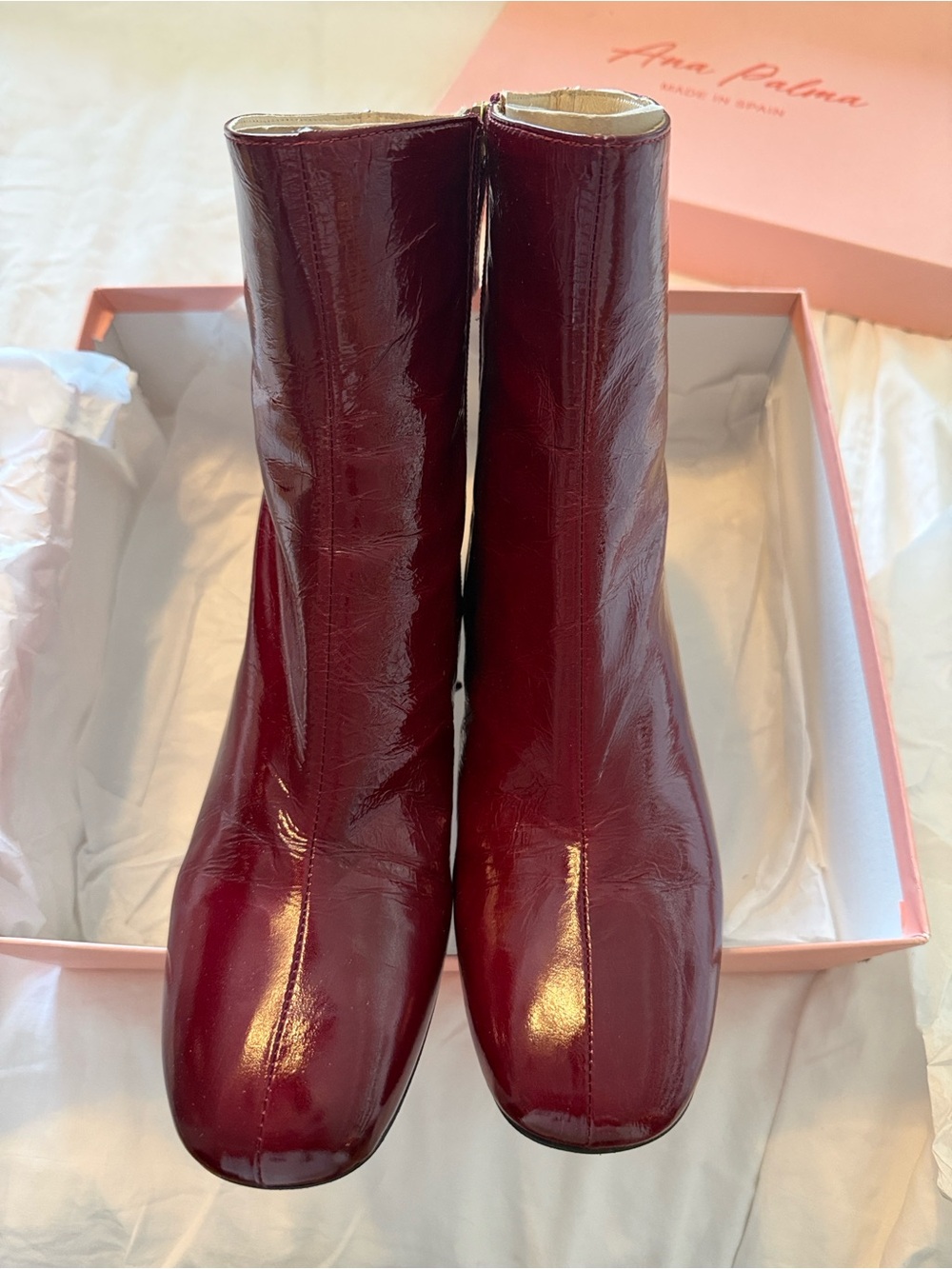 Patent Burgundy Ankle Boots with Low Block Heel